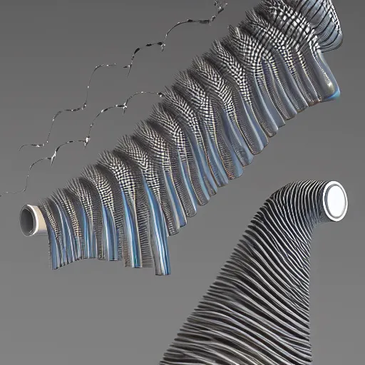 Prompt: an arrangement of ceramic pipes in the shape of vocal tracts ejecting a pattern of fractal jet streams of air , highly detailed , 8k , octane ,