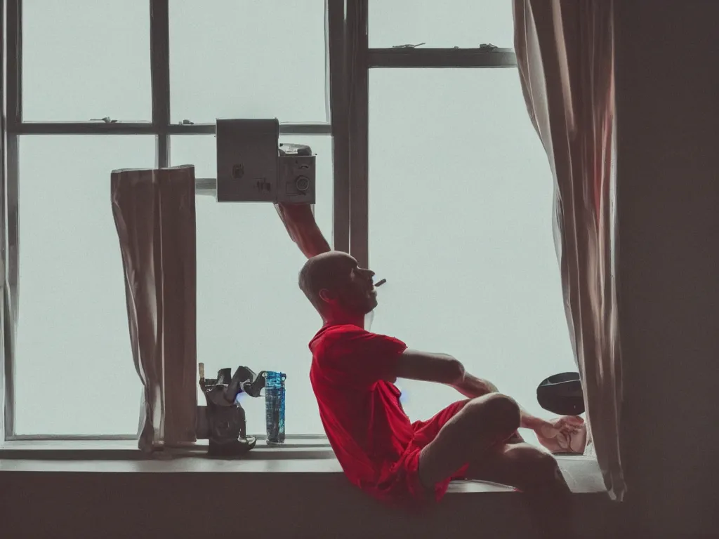 Prompt: single man sitting by the window, smoking a cigarette, blue shorts, red adidas shirt, bedroom, small fan, night, dimly lit, in the style of wes anderson, no double figure