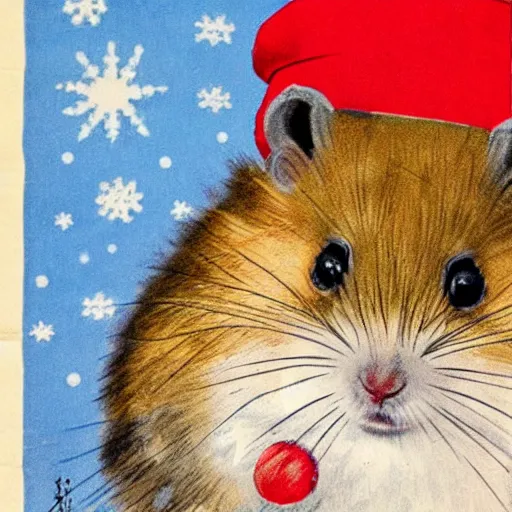 Image similar to a soviet union propaganda poster of a roborovski hamster in a winter hat, detailed, smooth, old, crinkled, red and white colors