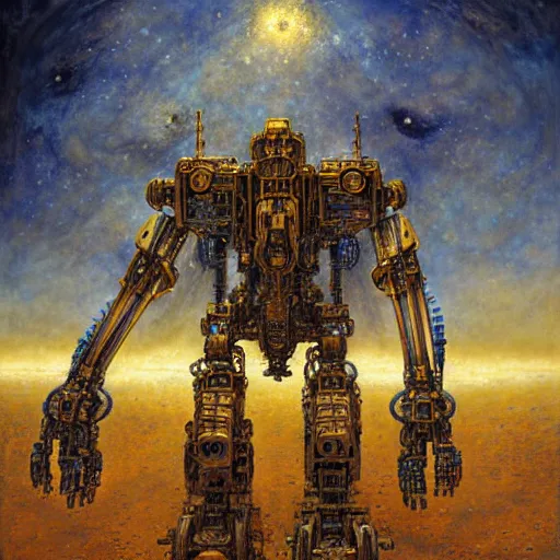 Prompt: mecha centaur, atmospheric lighting, painted, intricate, golden and blue hour, ultra detailed by peter gric, giger, enki bilal