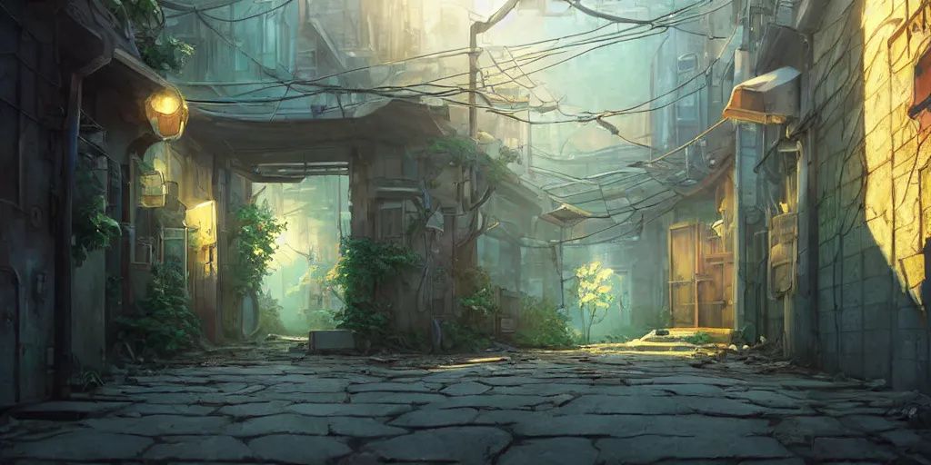 Prompt: a wholesome animation key shot of an abandoned alleyway, medium shot, waist up, studio Ghibli, Pixar and Disney animation, sharp, very detailed, high resolution, Rendered in Unreal Engine 5, anime key art by Greg Rutkowski, Bloom, dramatic lighting