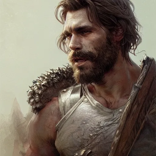 Image similar to portrait of a rugged ranger, 2 5 years old, muscular, upper body, face, hairy torso, d & d, fantasy, intricate, elegant, highly detailed, digital painting, artstation, concept art, smooth, sharp focus, illustration, art by artgerm and greg rutkowski and alphonse mucha