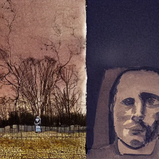 Image similar to dream A portrait of a man, by Karl Wiener, nighttime foreground, (abstract), figurative, ((((unreal engine)))), (pen), (((dark colors))), ((((dirt brick road)))), ((((((collage)))))