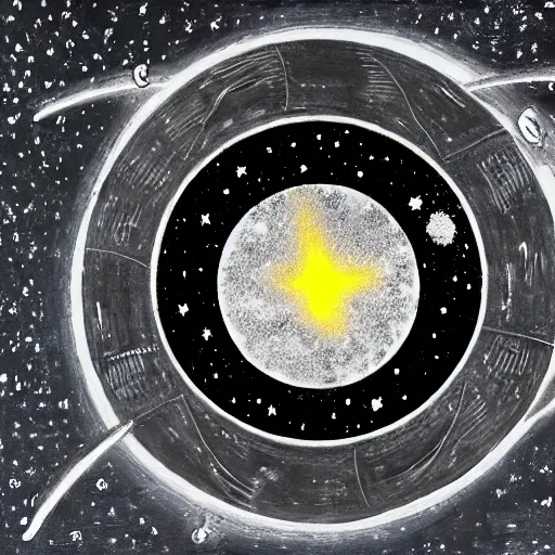 Image similar to a battle tank blasting upwards with yin - yang black and white symbol daoist paint, in a cosmic field