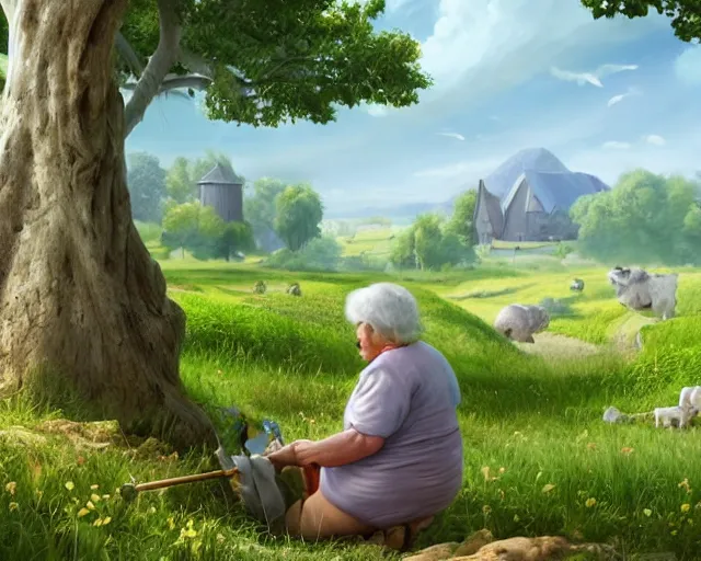 Prompt: of a very beautiful scene. ambient occlusion render. a sweet fat old woman is painting a pastoral landscape on the wall. hyper realistic. 4 k. wide angle. wild. symmetrical face, red mouth, blue eyes. deep focus, lovely scene. ambient occlusion render. concept art. unreal engine.