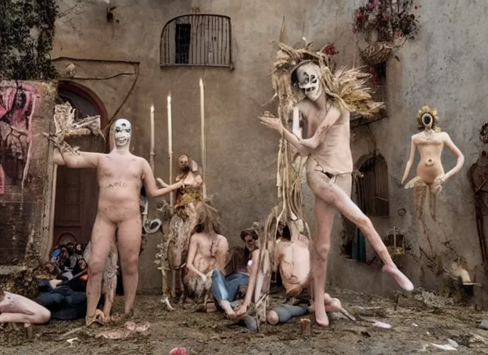 Image similar to sensual scene from art house film by alejandro jodorowsky, roger ballen and wes anderson : : surreal scene of an occult ritual in a picturesque outdoors setting : : mirrors, masks, costumes, snakes, smoke, burned dolls : : close - up of the actors'faces : : technicolor, 8 k