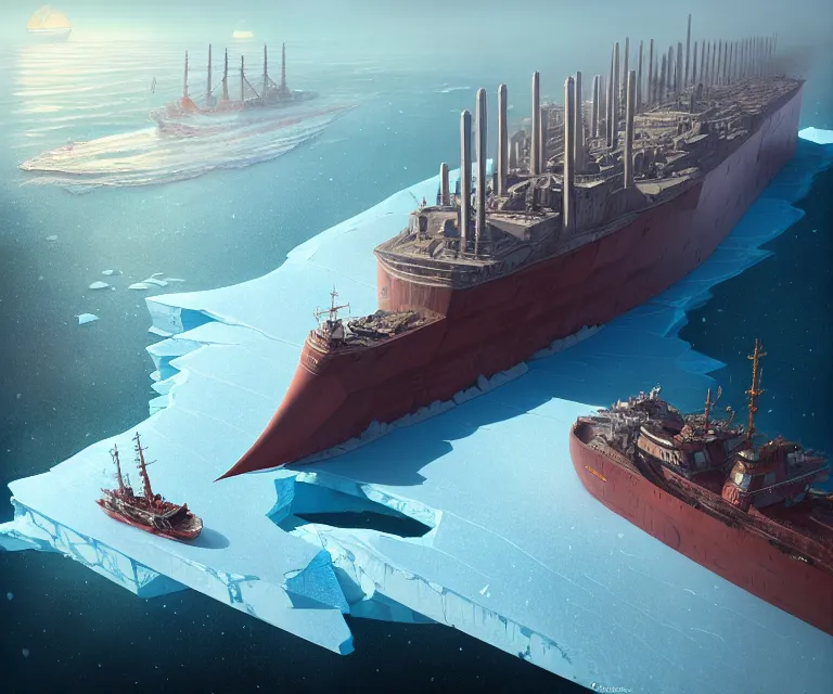 Image similar to one singular solo enormous gigantic steel ship - shaped fortress sailing across an icy frozen ocean. masterpiece, cinematic, octane render, depth of field, bokeh, architecture, aerial view, art by tom bagshaw, geof darrow, james gurney, filip hodas