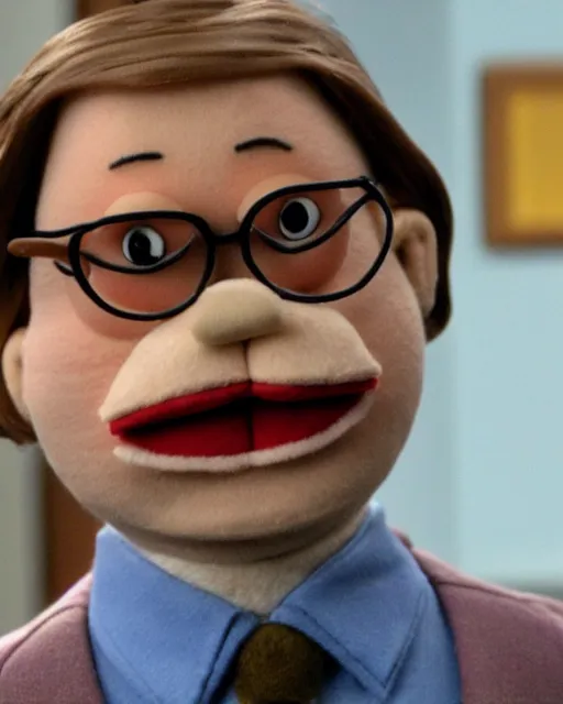 Image similar to film still from the office, dwight schrute as a muppet. highly detailed felt. hyper real photo. 4 k.