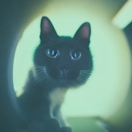 Prompt: a cat in a wormhole, cinestill 8 0 0 t