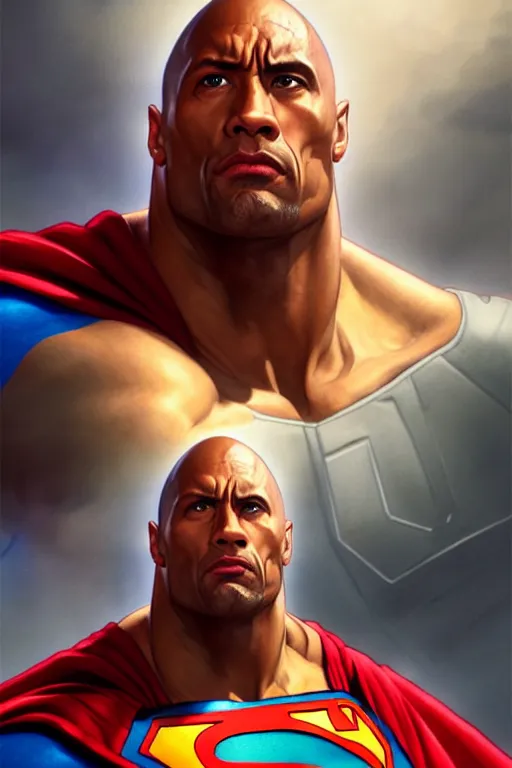 Image similar to the rock as superman, portrait,, highly detailed, digital painting, artstation, concept art, smooth, sharp focus, illustration, cinematic lighting, art by artgerm and greg rutkowski and alphonse mucha