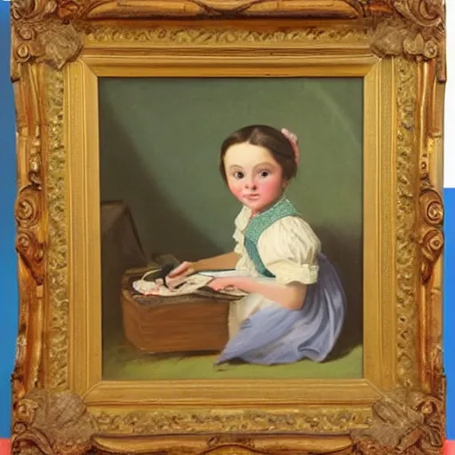 Prompt: a beautiful little girl painting in the style of john bradley 1 8 4 0 s