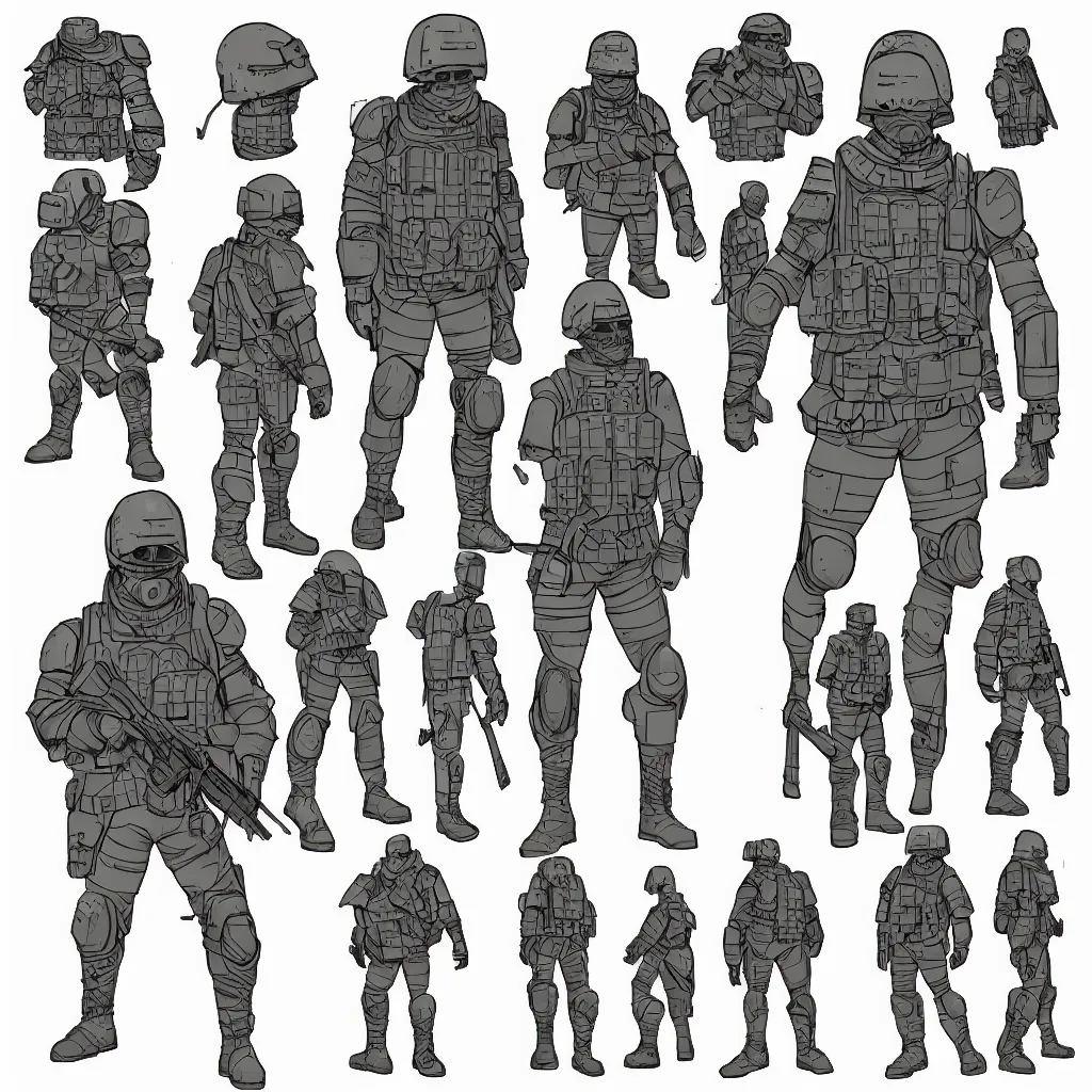 Image similar to character reference sheet for an armoured modern soldier with a full face cover, flat colour drawing