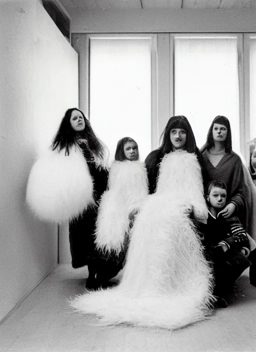 Prompt: realistic photo portrait of the family, white carnival fluffy mask, wearing fluffy cotton cloaks, sitting in the spacious wooden polished and fancy expensive wooden laboratory interior room 1 9 9 0, life magazine reportage photo