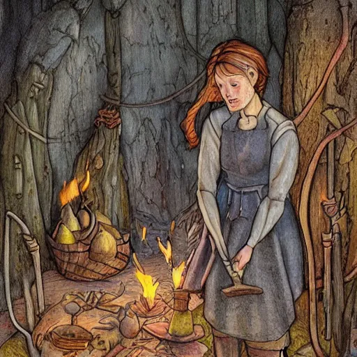 Image similar to the blacksmits’ daughter, working in the forge, fantasy art in the style of Elsa Beskow,