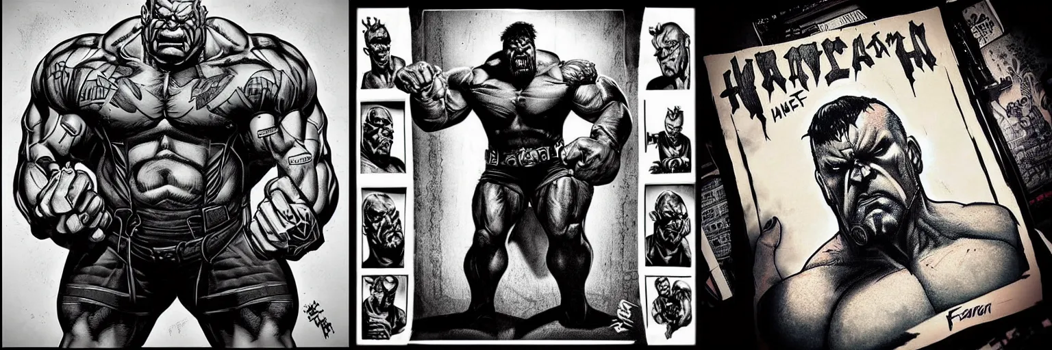 Prompt: “Portrait of Captain Farnglass a hulk of a man with huge muscles and a quick trigger-finger and tattoos along both arms; in the style of comic book super-villains and epic portraits”