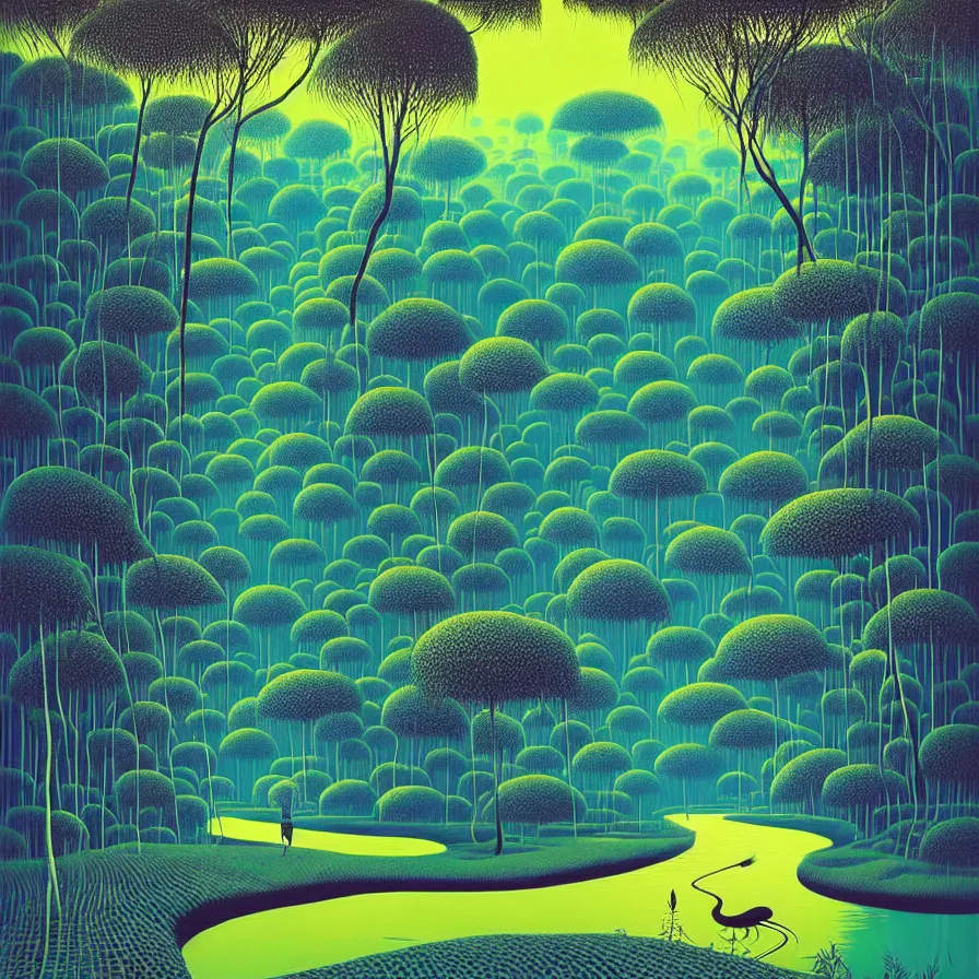 Image similar to surreal gediminas pranckevicius, river flow through borneo jungle, summer morning, very coherent and colorful high contrast art by james gilleard james gurney floralpunk screen printing woodblock, pointillism, dark shadows, pastel color, hard lighting, stippled light, art nouveau, film noir