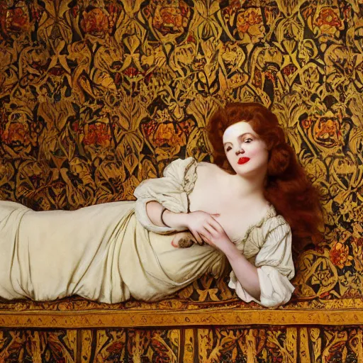 Prompt: preraphaelite photography reclining on bed, a hybrid of judy garland and lady gaga, aged 2 5, big brown fringe, yellow ochre ornate medieval dress, william morris, 4 k