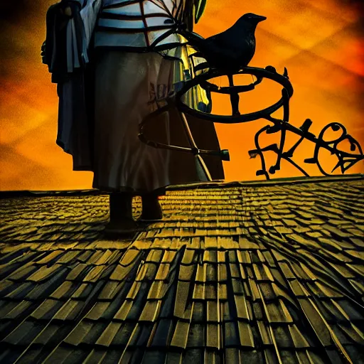 Image similar to A clown on the roof of the church playing with crows, futurist, digital art, dramatic lighting, symbolic