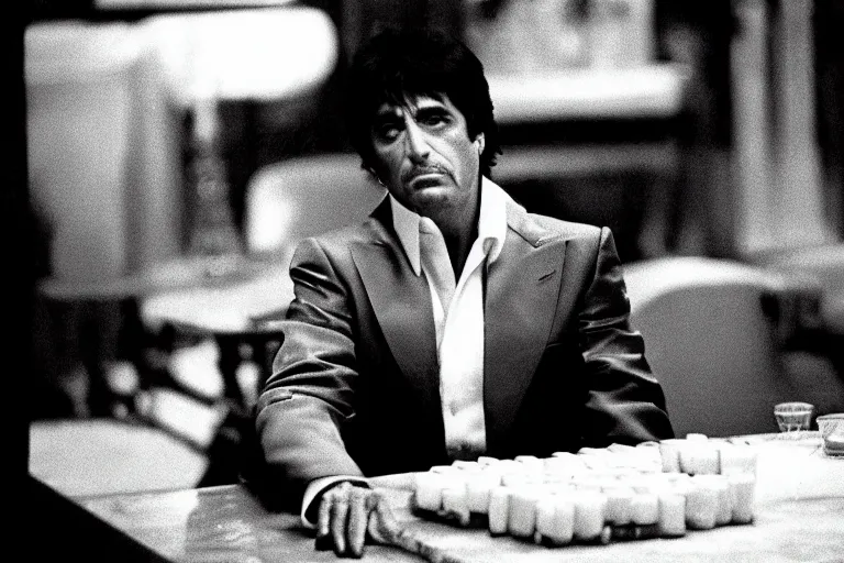 Prompt: tony montana from movie scarface 1 9 8 3 sitting at a big black oak table with big packages of flour. next to the night window. al pacino. perfect symmetric face, coherent eyes, medium shot, fine details, 4 k, ron cobb, cinestill