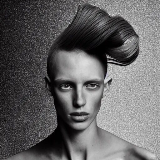 Image similar to a beautiful young male alienwearing iris van herpen couture, his hair moves with the wind, photographed by erwin olaf