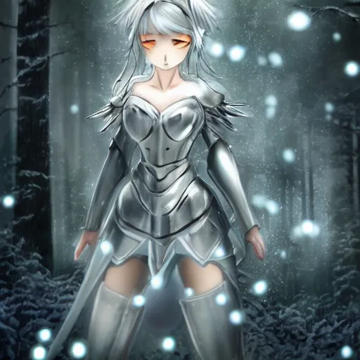 Prompt: portrait focus of knight beautiful 3D anime girl, silver armor wearing, dark forest background, snowing, bokeh, inspired by Masami Kurumada, digital painting, high contrast, unreal engine render, volumetric lighting, high détail