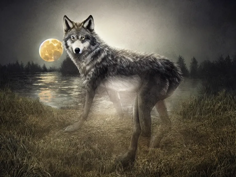 Image similar to A wolf with features of a crocodile, moody lighting, yellowish full moon, pinewood forest, realistic, photorealistic art done in photoshop