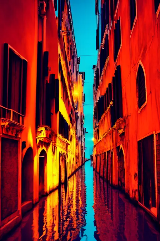 Image similar to neon streets of venice, 4 k, award winning photo, cyberpunk style