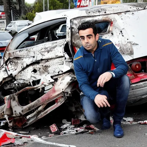 Image similar to xavi hernandez next to a crashed car, in vallecas