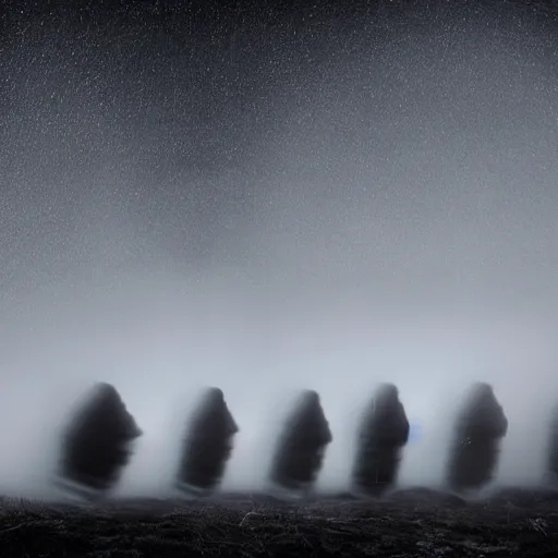Image similar to A beautiful art installation of a coffin being carried by six men through an ethereal, otherworldly landscape. The coffin is adorned with a relief of a skull and crossbones, and the men are all wearing hooded cloaks. The landscape is eerie and foreboding, with jagged rocks and eerie, glowing plants. slow shutter speed by Jeffrey Smith haunting