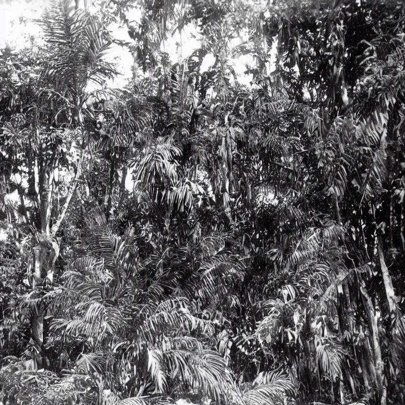 Image similar to a rizom lost film footage of a sacred ( ( ( ( ( ( ( indigenous ) ) ) ) ) ) ) artifact in the middle of the ( ( ( ( ( ( ( ( ( ( tropical jungle ) ) ) ) ) ) ) ) ) ) / ethnographic object / film still / cinematic / enhanced / 1 9 0 0 s / black and white / grain