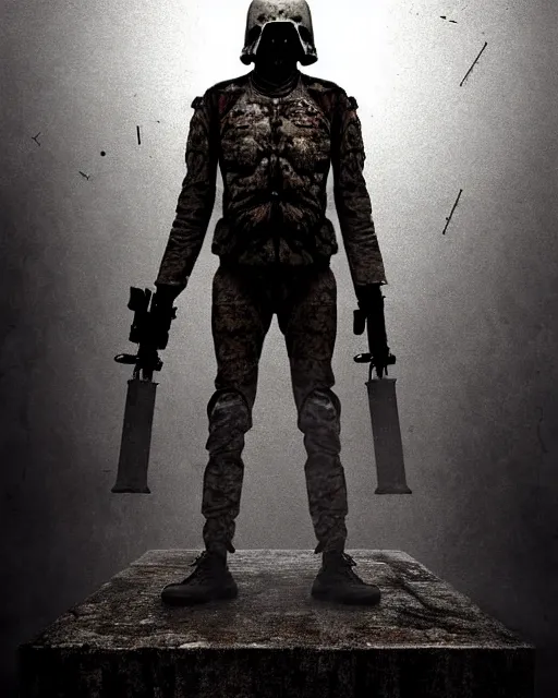 Image similar to full-body creepy realistic illustration central composition, a decapitated soldier with futuristic elements. he welcomes you into the fog with no head, dark dimension, empty helmet inside is occult mystical symbolism headless full-length view. standing on ancient altar eldritch energies disturbing frightening eerie, hyper realism, 8k, sharpened depth of field, 3D, award-winning digital artwork by Salvador Dali, Beksiński, Van Gogh and Monet.