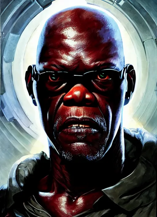 Image similar to samuel l. jackson as victor stone, full body concept, cyborg, borg, strogg, face of a man, terminator, flesh, quake strogg, doom demon, wolfenstein, monstrous, powerful, symmetry, symmetrical, concept art by ruan jia and greg rutkowski