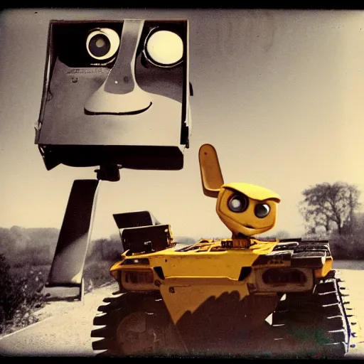 Image similar to WALL-E returning from the war, old polaroid