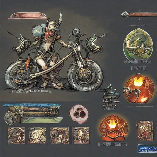 Image similar to dungeons and dragons, wizard on a motorcycle, concept art, players handbook, very detailed, mechanic, schematic, illustration, stats