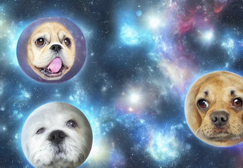 Prompt: a sphere, surface is textured with realistic dog faces, floating in space in front of nebula, high resolution photograph