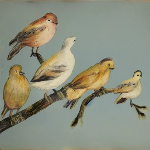 Prompt: five birds on a branch