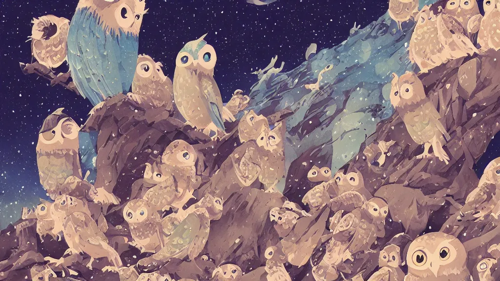 Prompt: very detailed, ilya kuvshinov, mcbess, rutkowski, watercolor ghibli illustration of owls flying at night, colorful, deep shadows, astrophotography, highly detailed, wide shot