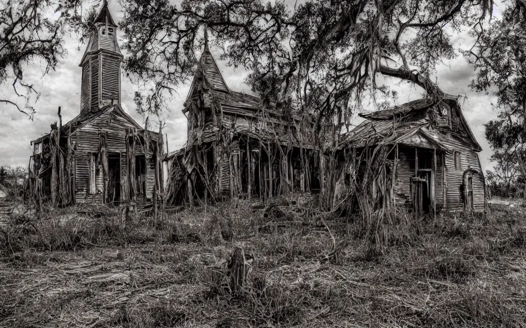 Image similar to an old wooden church rotting away in the bayou with tentacles growing from within, realistic, old color photograph, dynamic composition, creepy