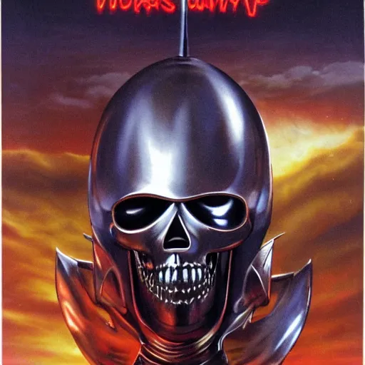 Image similar to high fantasy 1 9 8 0's wargame airbrushed artwork, a giant silver reflective chrome android wearing a mask shaped like an intricately carved beautiful human skull with a giant red pentagram on top and shiny glowing red demonic eyes, shiny black latex armor, inside a futuristic army base