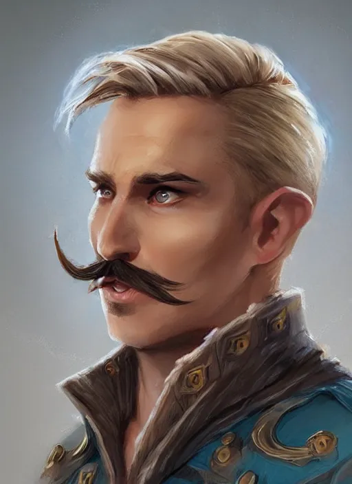 Image similar to young man with short light blonde combover hair and moustache, dndbeyond, bright, colourful, realistic, dnd character portrait, full body, pathfinder, pinterest, art by ralph horsley, dnd, rpg, lotr game design fanart by concept art, behance hd, artstation, deviantart, hdr render in unreal engine 5