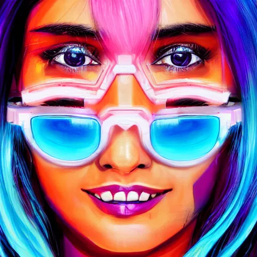 Prompt: closeup painting of a very beautiful young mexican cyberpunk woman with a smile, light blue neon shutter shades!! on her face, and a purple coloured leather jacket, one side haircut, long brown hair with light blue ends, portrait, sci - fi, hyperdetailed, cgsociety, synthwave by tangerine dream, by jean - michel jarre, by vangelis, by john carpenter