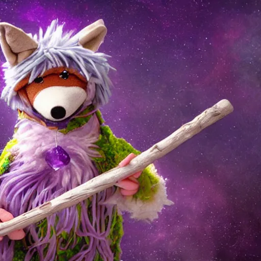 Image similar to a fox druid wizard as a fluffy muppet plush wearing a vaporwave nostalgic cloak and holding a staff made from a stick with an amethyst gemstone tied at the top with dnd dice scattered around it, photorealistic, photography, national geographic, sesame street