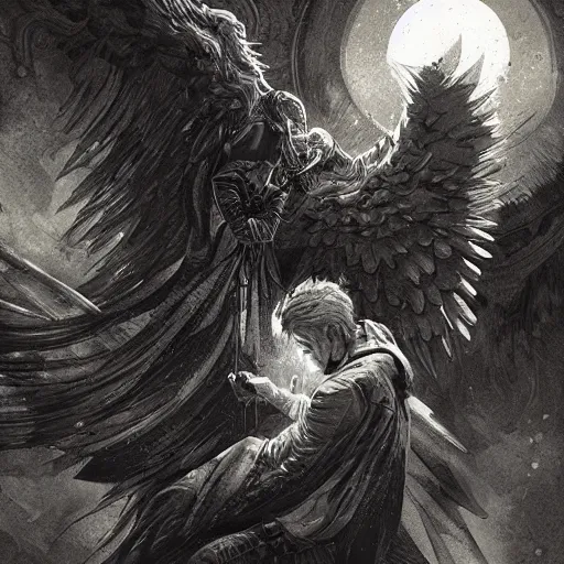 Prompt: angel protecting man, detailed intricate ink illustration, dark atmosphere, detailed illustration, hd, 4 k, digital art, overdetailed art, by greg rutkowski, by loish, complementing colors, trending on artstation, deviantart