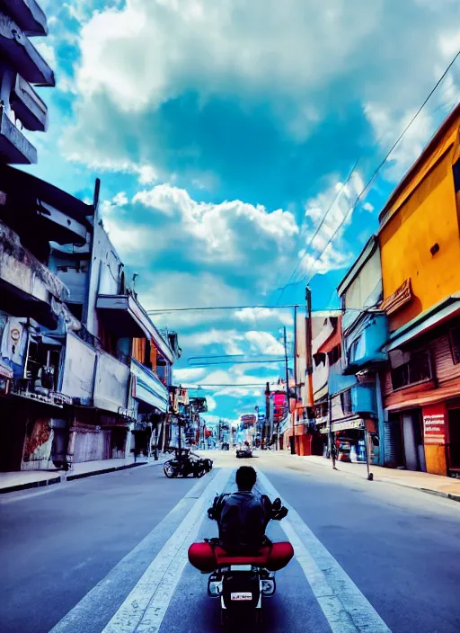 Image similar to photo of a man sitting happily on his motorcycle on a street in a cyberpunk city, the sky is a turquoise blue with beautiful white fluffy clouds, hyper realism volumetric lighting sony a 7 i camera