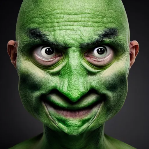 Image similar to green muscular being with no nose bald has big eyes small pupils riding a horse that is humanoid, photograph studio lighting portrait photography 8 k