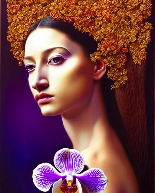 Image similar to portrait of the beautiful young goddess of orchids, unusual beauty, etheric, outworldly colours, emotionally evoking symbolic metaphors, head in focus, fantasy, ornamental, intricate, elegant, highly detailed hyperrealistic painting, artstation, concept art, painterly, golden ratio, sharp focus, illustration, art by salvador dali,