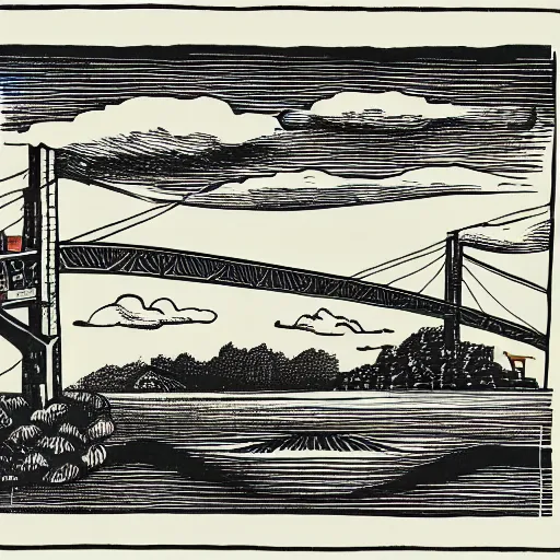 Prompt: small steel suspension bridge built in 1 9 2 8, side view, puffy clouds in background, uap floating in the sky, woodcut style, rubber stamp, 8 k