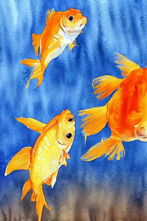 Prompt: wide angle scene of an award winning watercolor painting of a Siamese fighting goldfish, digital art