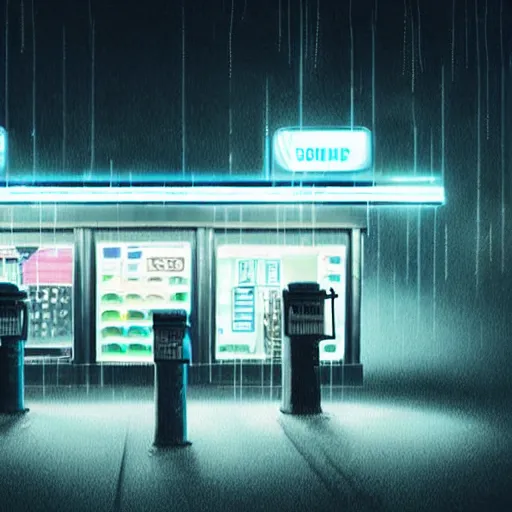 Image similar to a convenience store at a gas station in the dark and misty night, observed from afar in the fog, cyberpunk style ( 2 0 6 0 ), retro futuristic style