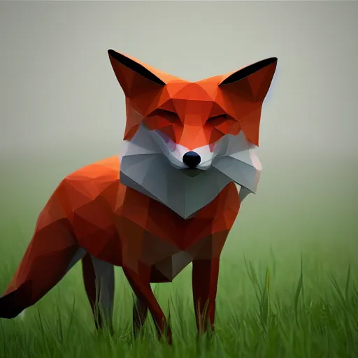 Image similar to beautiful image of low poly fox on a meadow in the fog, tranding on artstation